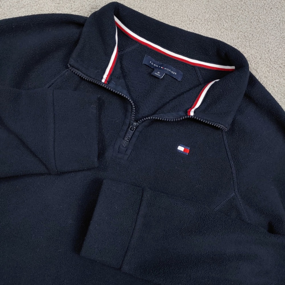 Tommy Hilfiger Fleece Pullover - Men M Navy Blue Quarter Zip Embroidered Logo